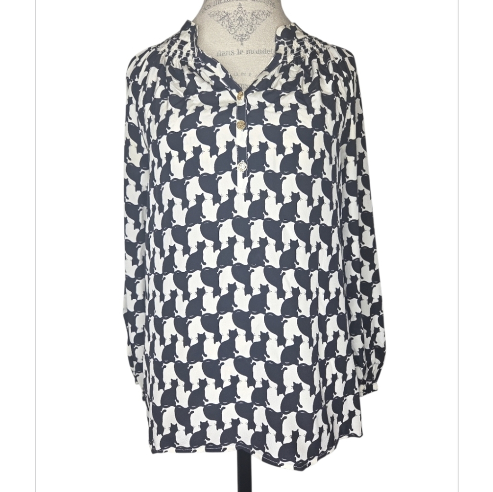 Lilly Pulitzer Silk Elsa Fancy Fest Black  Cat Print Blouse Size S